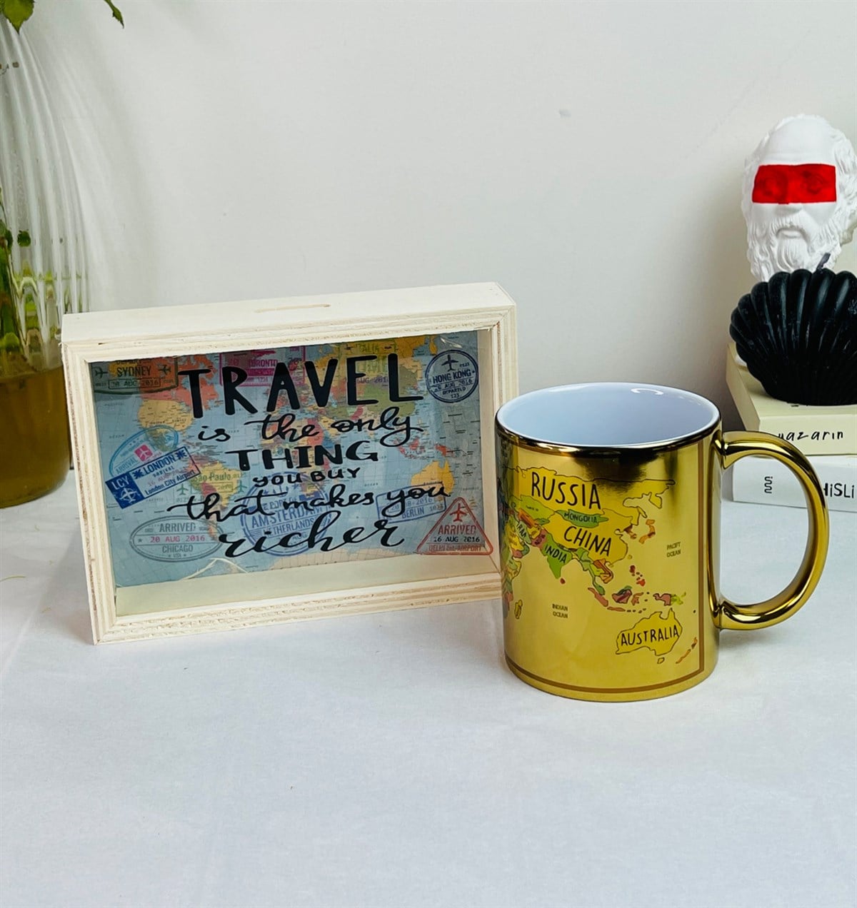 Travel Journal Tasarımlı Ahşap Kumbara Ve Dünya Haritası Gold Kupa SetgiftmodaGmhs101229