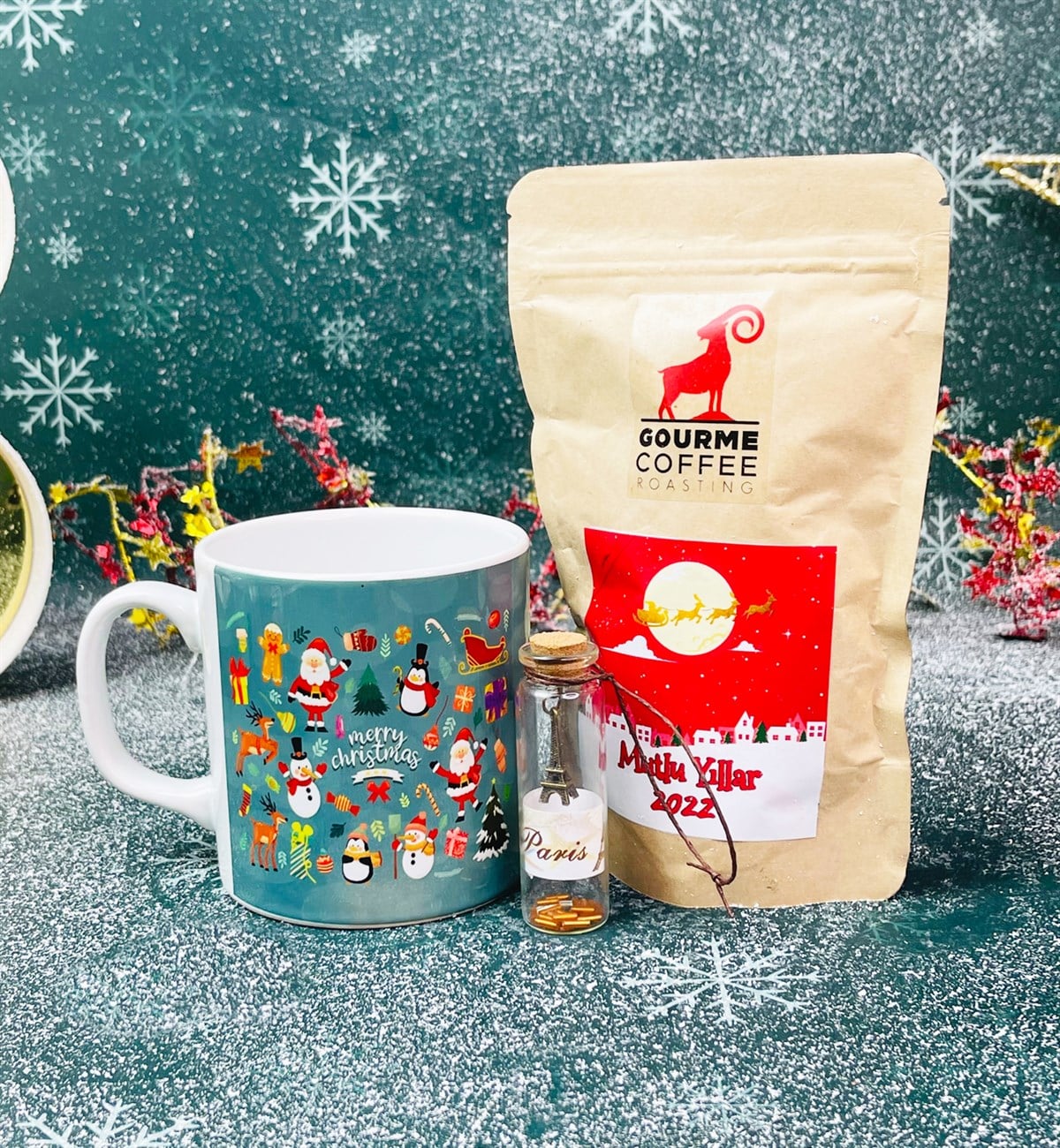 Mutlu Noeller Tasarımlı Kupa Filtre Kahve Ve Dilek Şişesi Yılbaşı SetigiftmodaGmhs101297