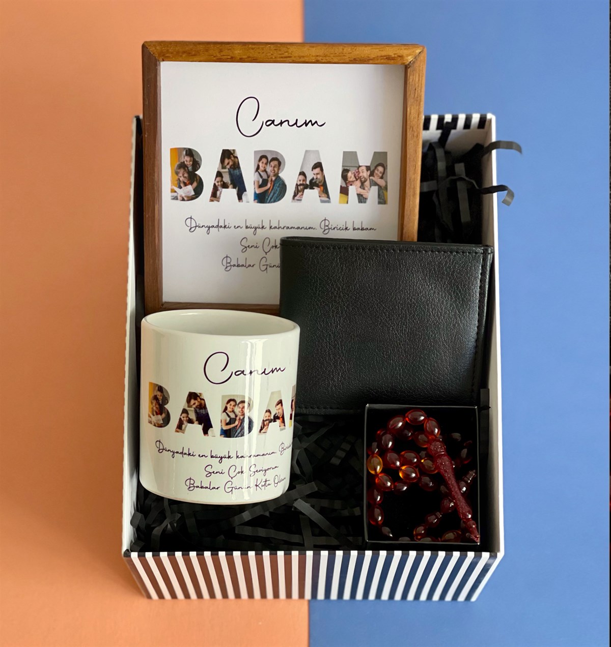 Kişiye Özel Canım Babam Ahşap Çerçeve Kupa Cüzdan Ve Ateş Rengi Tesbih Babalara Özel Hediye SetigiftmodaGmhs1007830