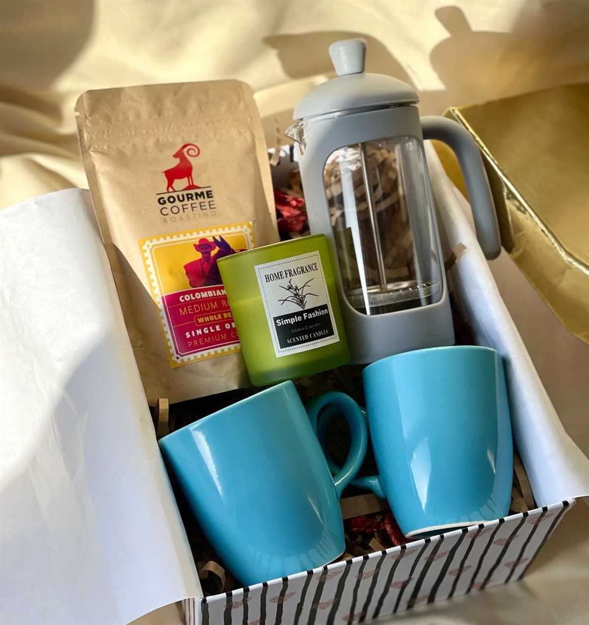 Mavi 2'li bulut Kupa French Press Filtre Kahve Ve Kokulu Mum SetgiftmodaGmhs100750