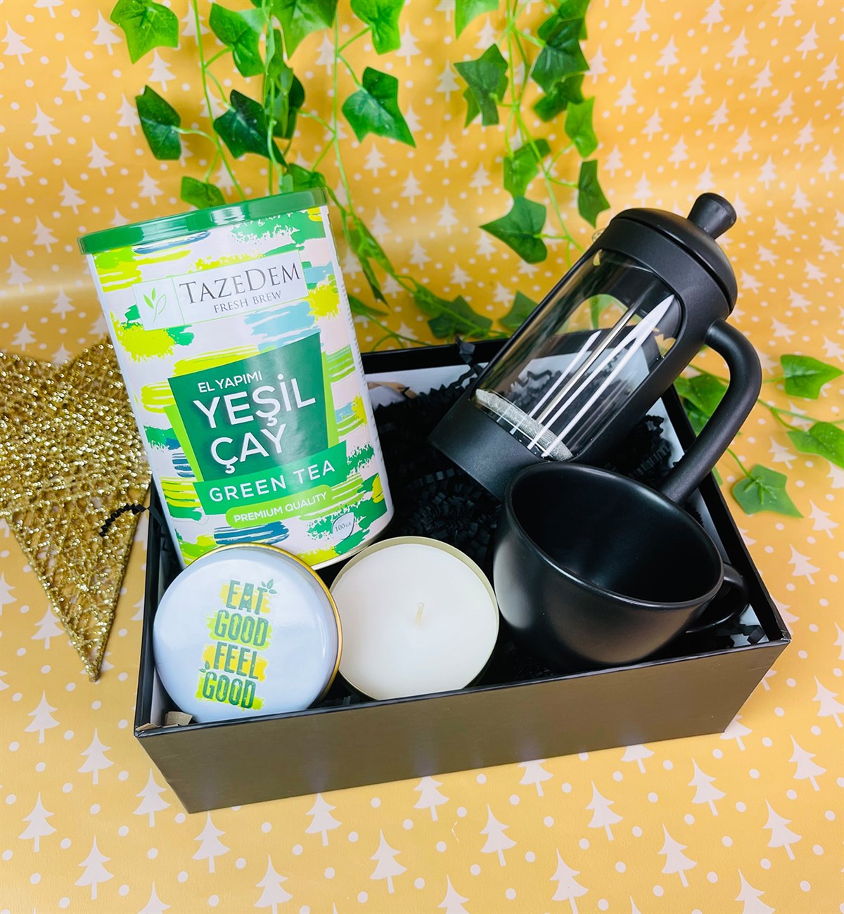 İyi Yiyin İyi Hissedin Tasarımlı Mum 6 Cm Kupa French Press Ve İlk Hasat Premium Yeşil Çay SetgiftmodaGmhs101362