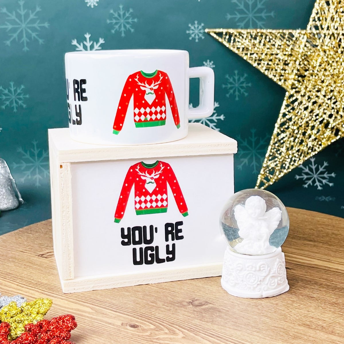  You're Ugly Yılbaşı Tasarımlı Kutulu Kupa Ve Mini Beyaz Melek Kar Küresi SetgiftmodaGmhs101273