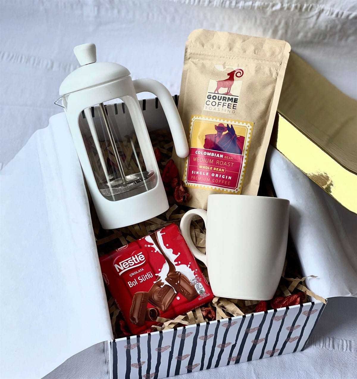 Beyaz Bulut Kupa French Press Filtre Kahve Ve Çikolata Özel Kutulu Hediye SetigiftmodaGmhs100771