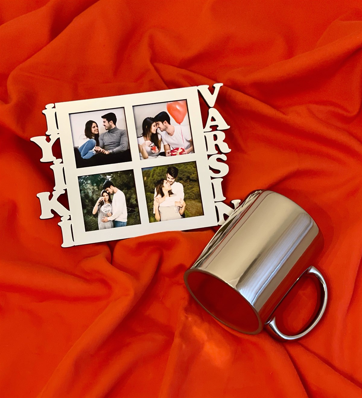 İyiki Varsın 4 Fotoğraf Standlı Mdf Gümüş Çerçeve Ve Gümüş Kupa SetgiftmodaGmhs100547-Gmfc100011-Gmkp100157