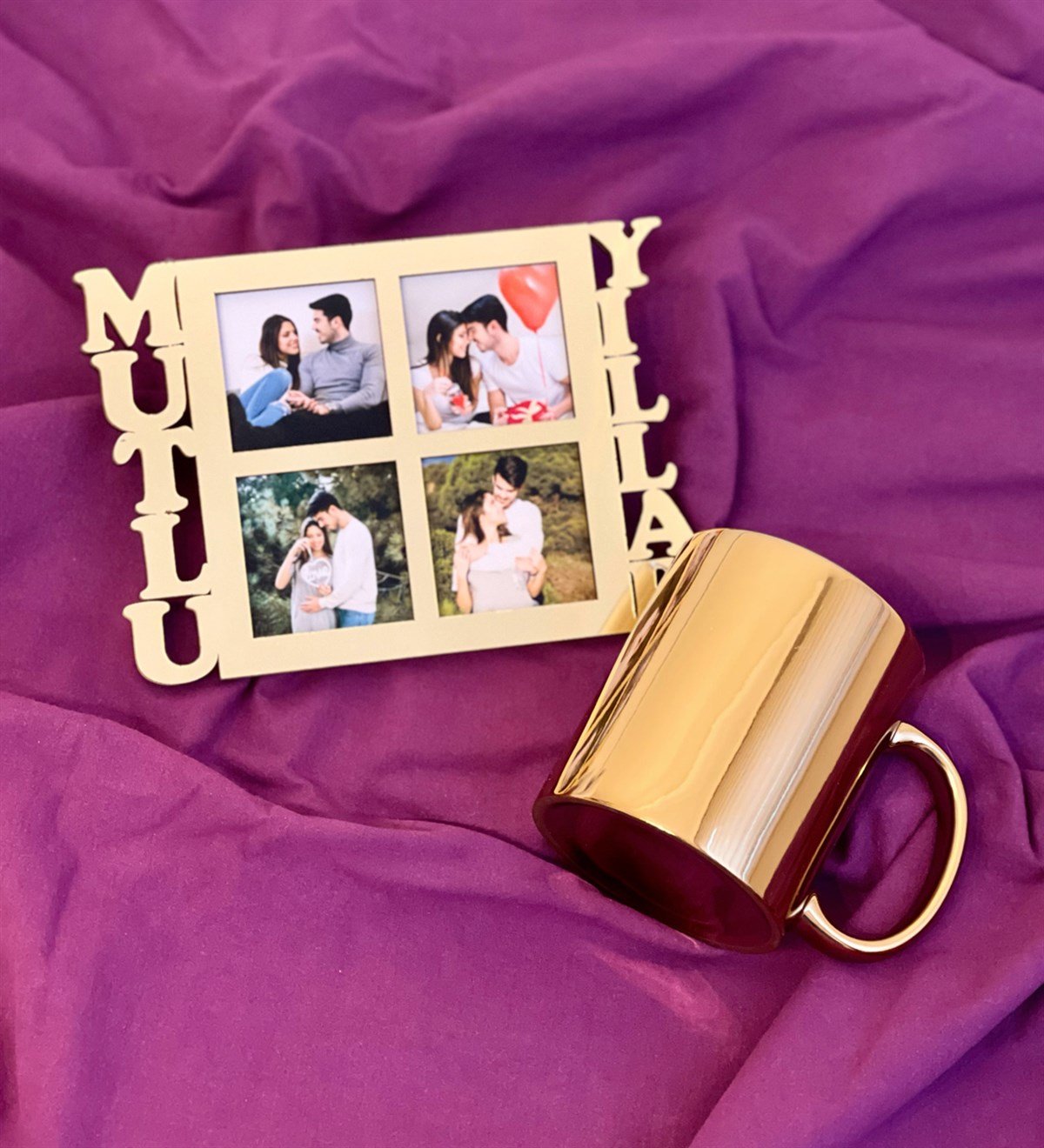 Mutlu Yıllar 4 Fotoğraf Standlı Mdf Gold Çerçeve Ve Gold Kupa SetgiftmodaGmhs100554-Gmfc100038-Gmkp100158
