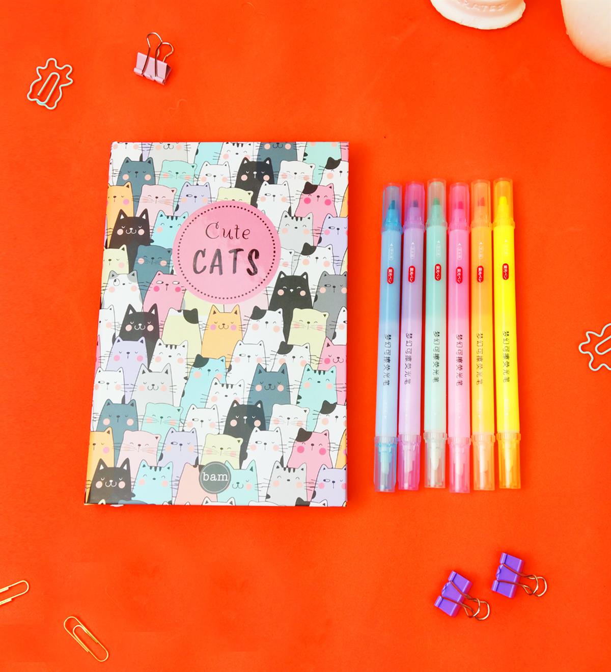 Sevimli Kedi Lastikli Defter Ve Çift Taraflı Keçeli Silinebilir Kalem SetgiftmodaGmhs101825