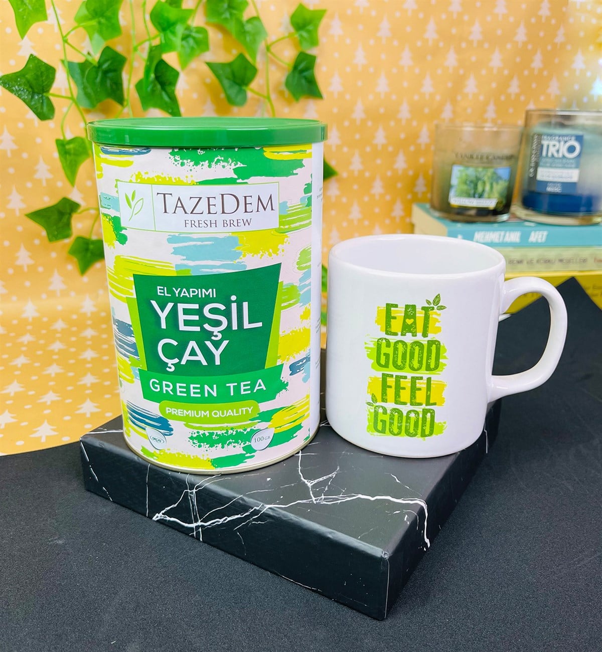 İyi Yiyin İyi Hissedin Tasarımlı Kupa Ve İlk Hasat Premium Yeşil Çay Hediye SetigiftmodaGmhs101376