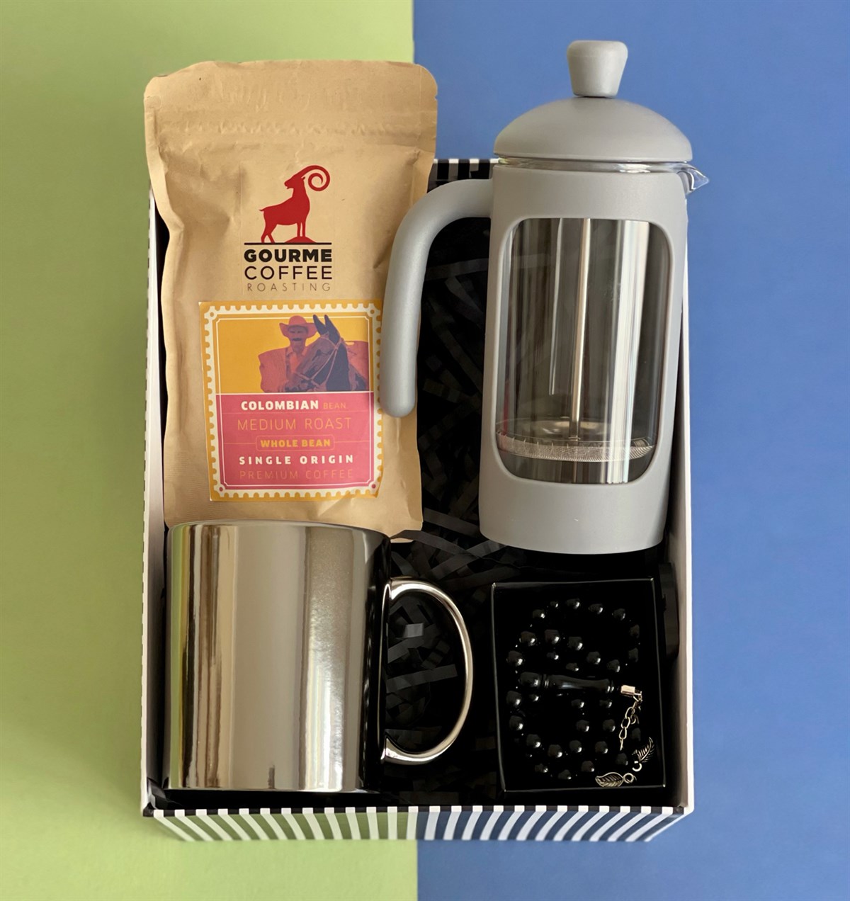 Özel Kutulu Filtre Kahve French Press Gümüş Kupa Ve Siyah Tesbih Babalara Özel Hediye SetigiftmodaGmhs1007829