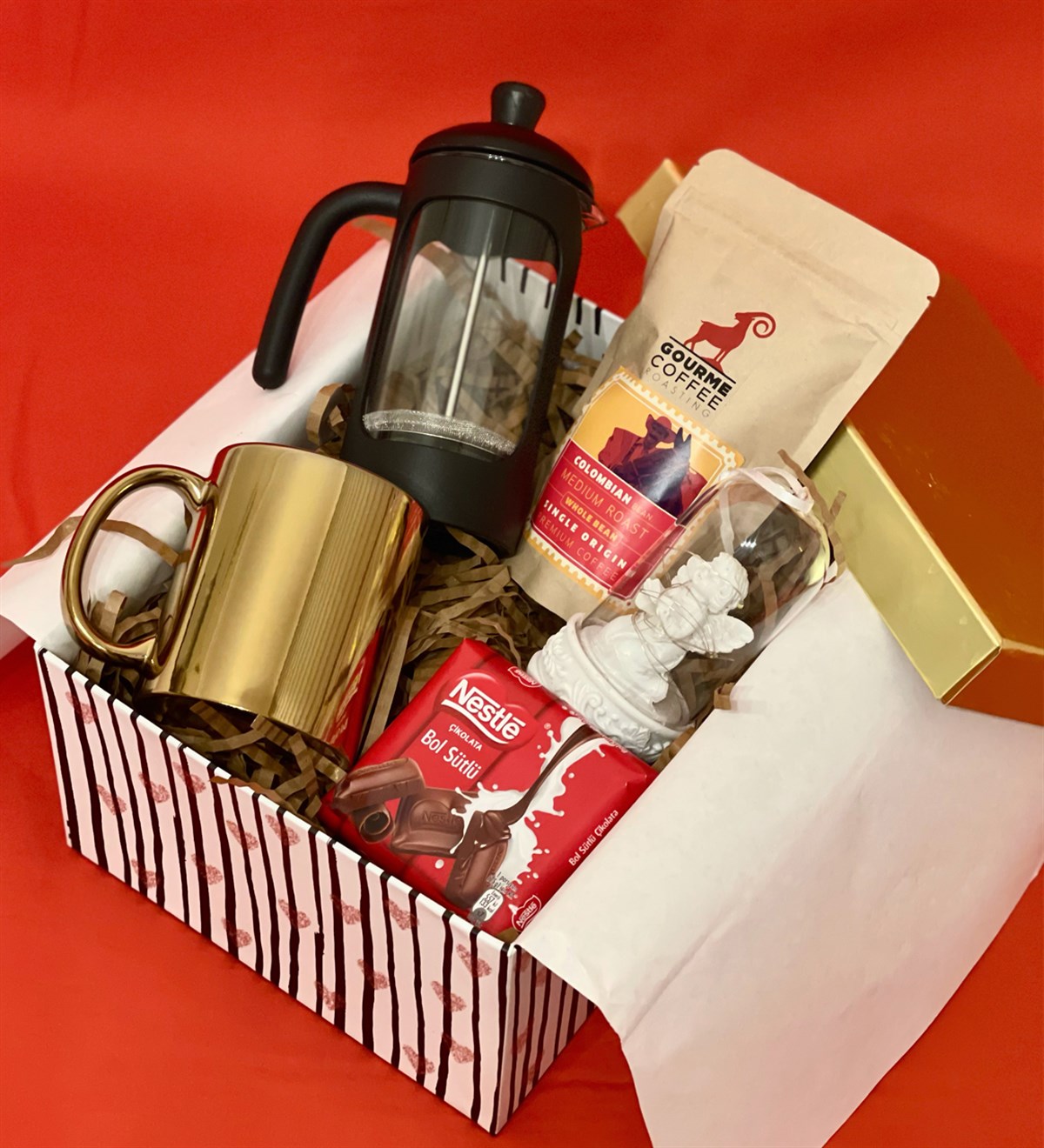 Işıklı Melek Biblo French Press & Filtre Kahve  Gold Kadınlara Özel Hediye SetiGiftmodaGmhs100411