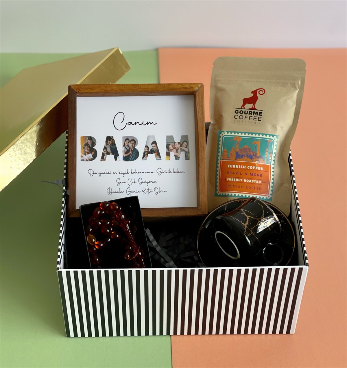 Kişiye Özel Canım Babam Ahşap Çerçeve Türk Kahvesi Kahve Fincanı Ve Ateş Rengi Tesbih Babalara Özel Hediye SetigiftmodaGmhs1007825