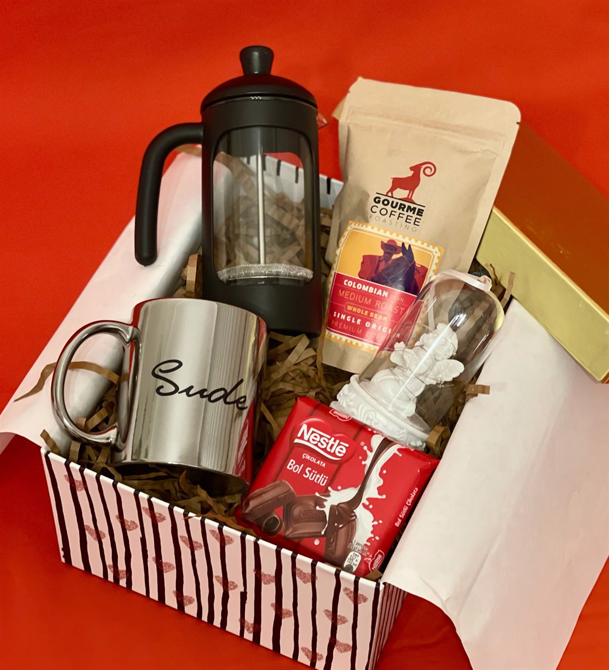 Kişiye Özel Işıklı Melek Biblo French Press & Filtre Kahve Gümüş Kadınlara Özel Hediye SetiGiftmodaGmhs100419