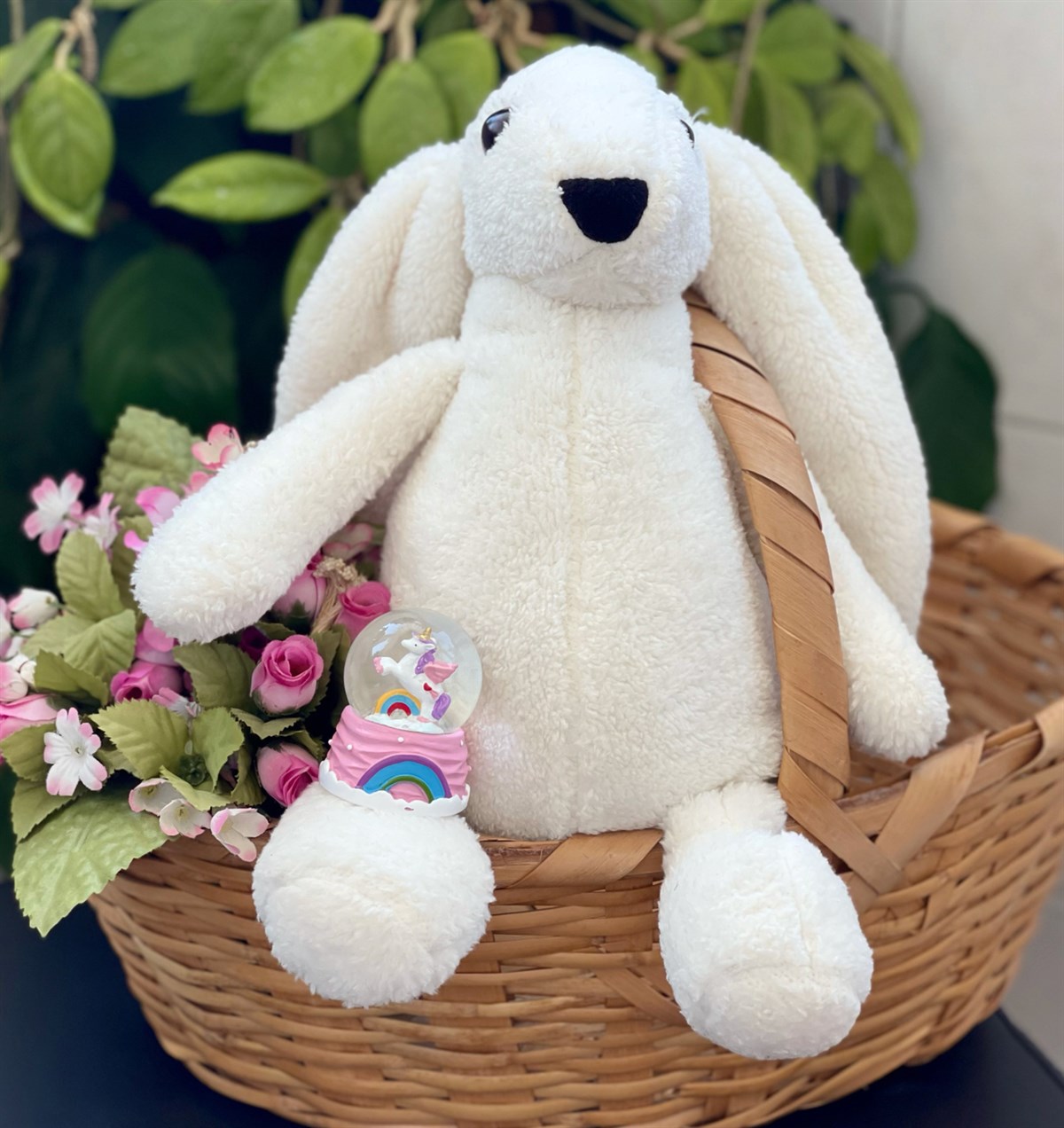 Sevimli Beyaz Peluş Tavşan Ve Mini Unicorn Gökkuşağı Kar Küresigiftmoda Gmhs100860