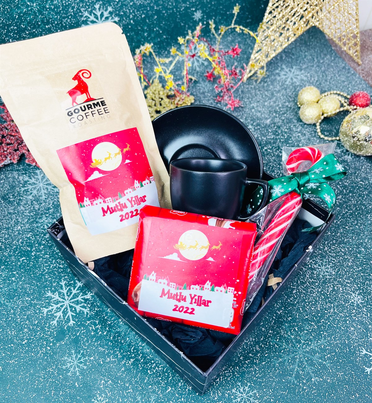 Siyah Türk Kahvesi Fincanı Türk Kahvesi Çikolata Ve Baston Şeker Yılbaşı SetigiftmodaGmhs101309
