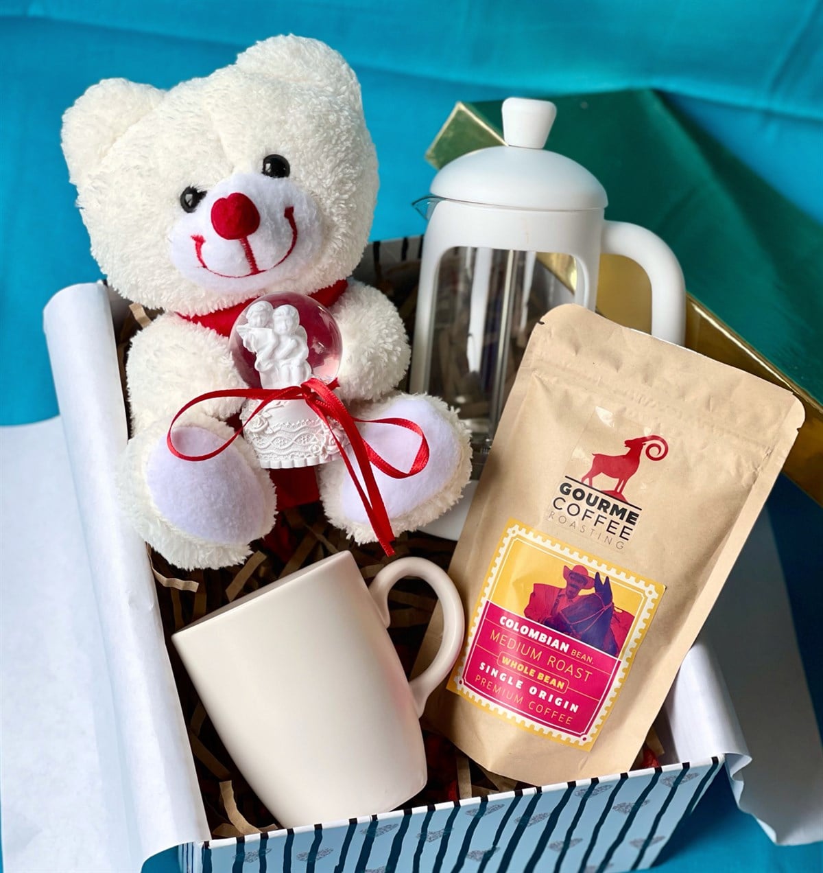 Beyaz Peluş Ayıcık Beyaz Bulut Kupa French Press Filtre Kahve Ve Mini Melek Kar KüresigiftmodaGmhs100767