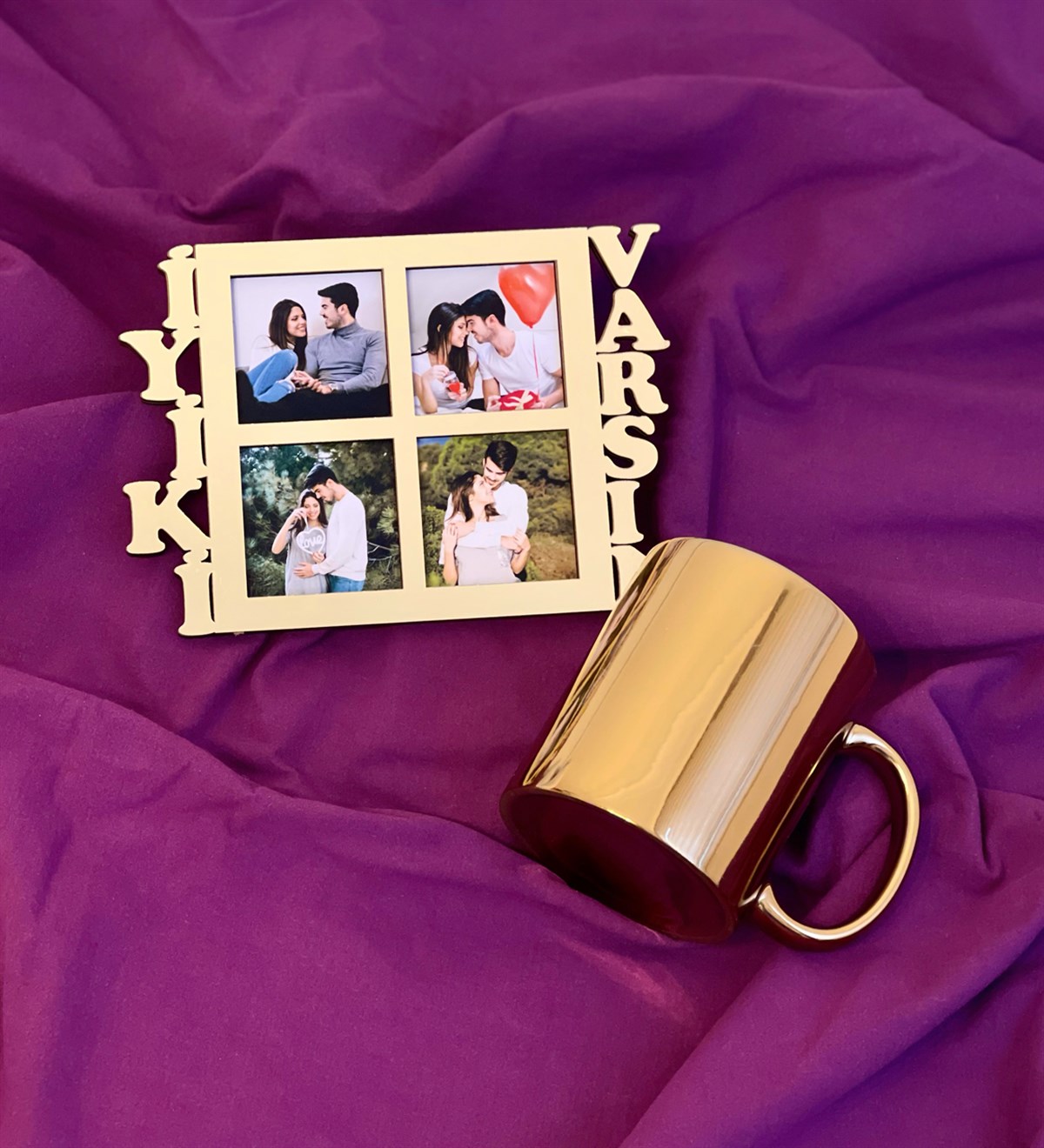 İyiki Varsın 4 Fotoğraf Standlı Mdf Gold Çerçeve Ve Gold Kupa SetgiftmodaGmhs100552-Gmfc100037-Gmkp100158