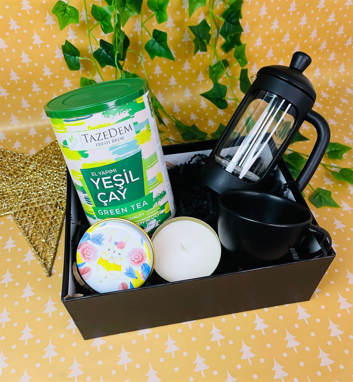 Huzurlu Tavşan Tasarımlı Mum 6 Cm Kupa French Press Ve İlk Hasat Premium Yeşil Çay SetgiftmodaGmhs101364