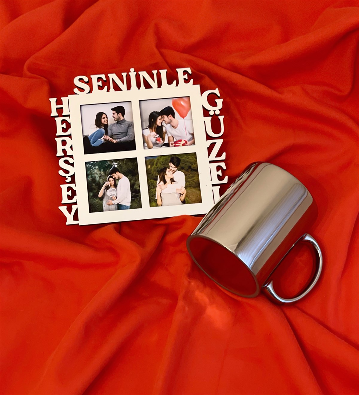 Herşey Seninle Güzel 4 Fotoğraf Standlı Mdf Gümüş Çerçeve Ve Gümüş Kupa SetgiftmodaGmhs100549-Gmfc100014-Gmkp100157