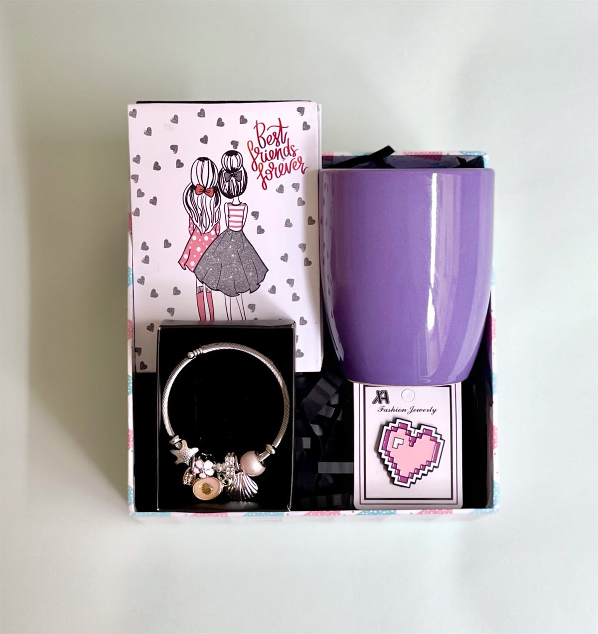 Best Friends Tasarımlı Mini Albüm Mor Bulut Kupa Rozet Ve Deniz Kabuğu Pandora Bileklik Hediye SetigiftmodaGmhs100899