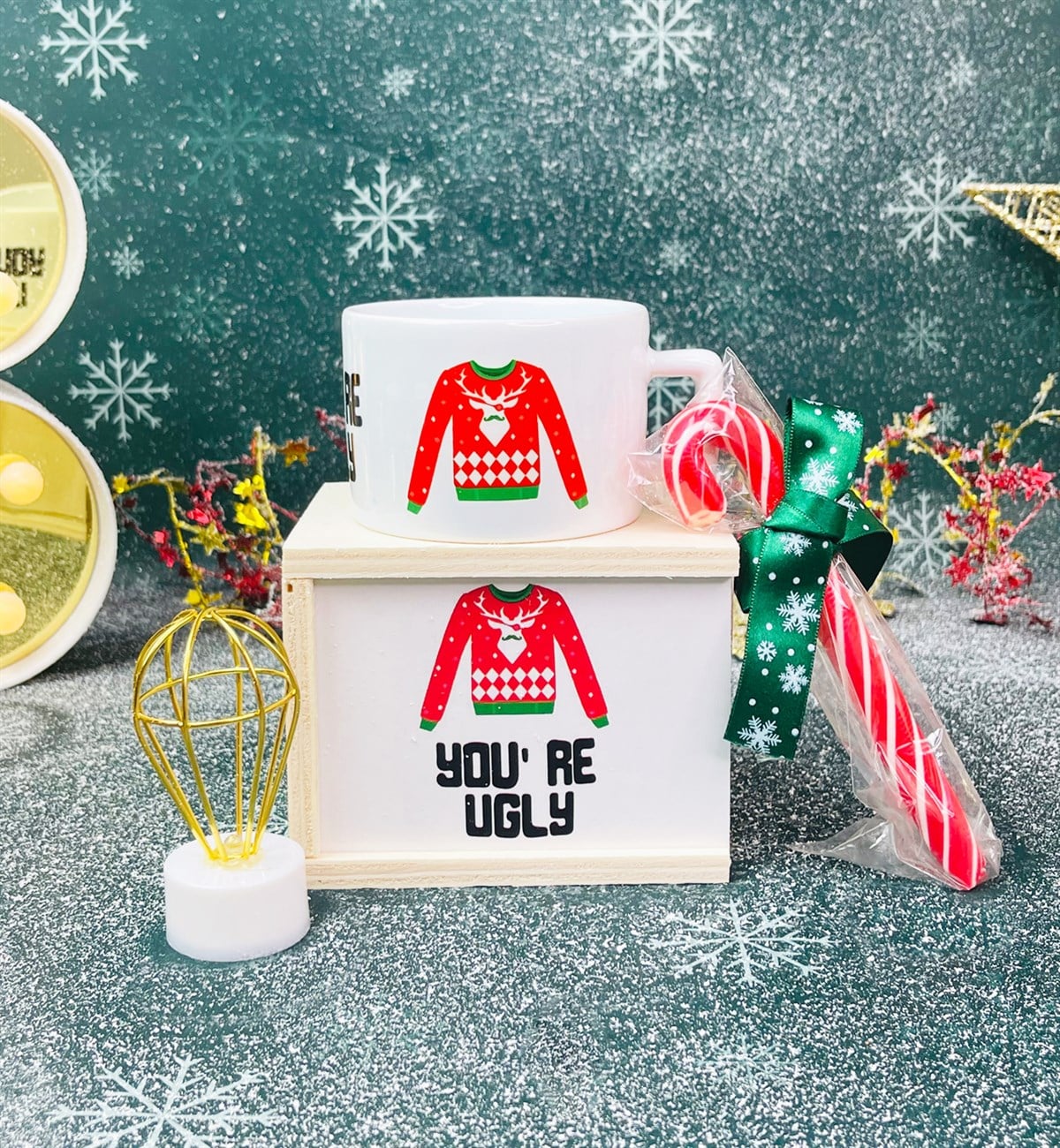 You're Ugly Tasarımlı Kutulu Kupa Baston Şeker Ve Mini Balon Gece Lambası Yılbaşı SetigiftmodaGmhs101299