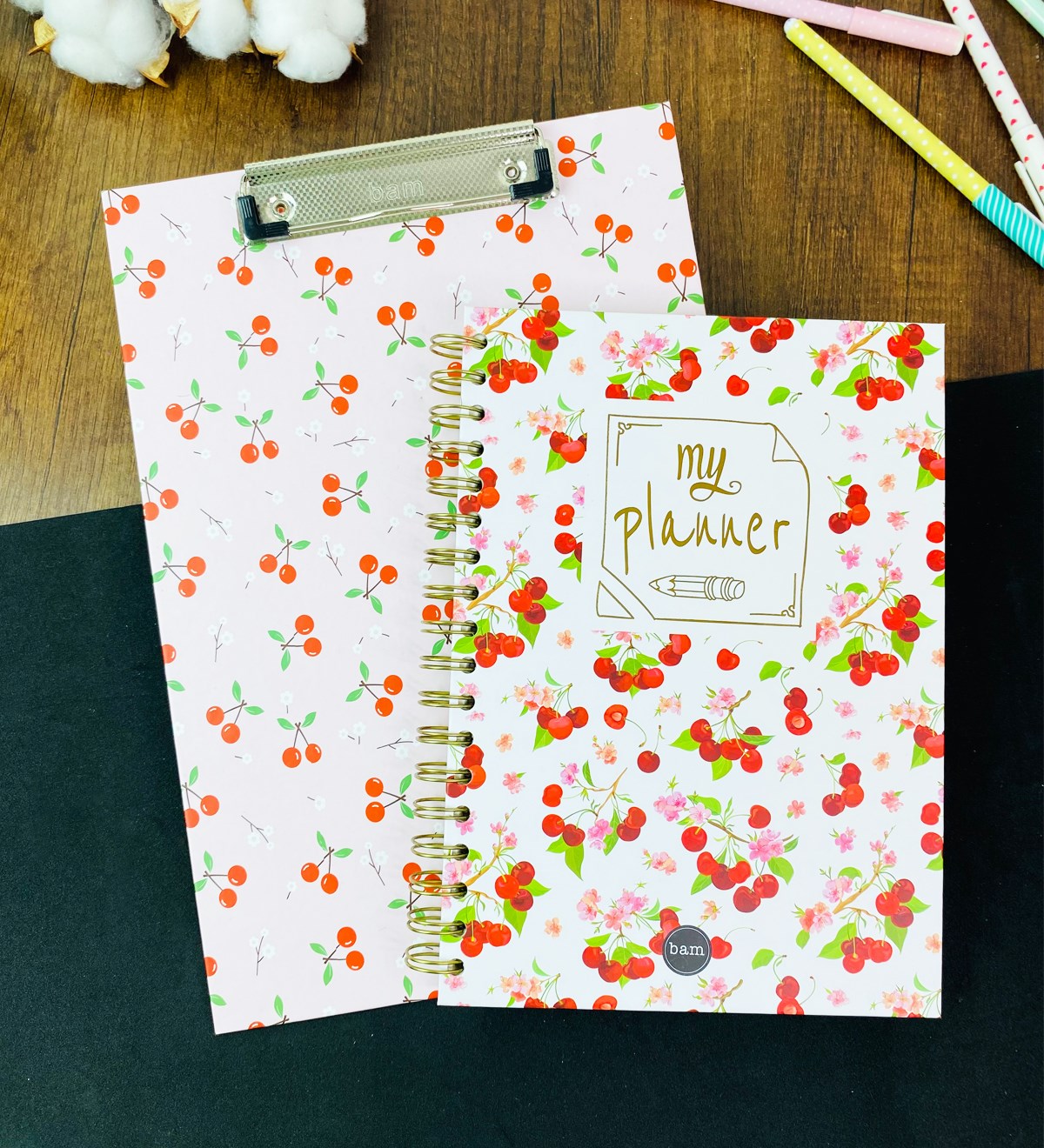 Kiraz Tasarımlı Çizgili Spiralli Defter Ve Sekreterlik SetgiftmodaGmhs101673