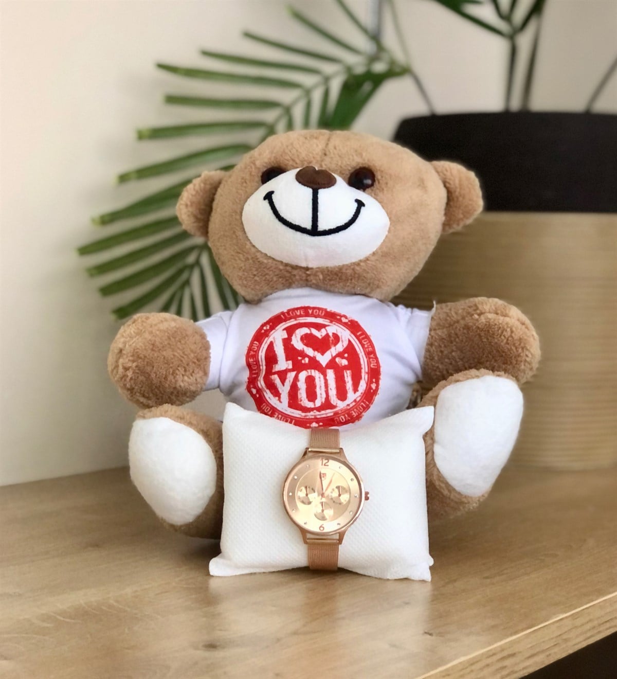 I Love You Tasarımlı Ayıcık Ve Metal Dore Kordon Bayan Saati GiftmodaI-Love-Ayıcık-G0015