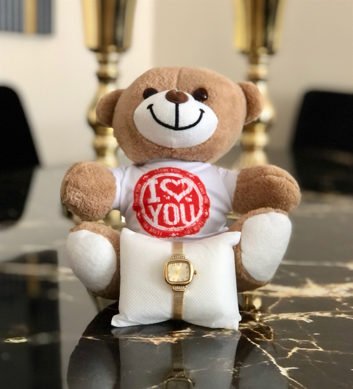 I Love You Tasarımlı Ayıcık Ve Pırlantalı Hasır Kordonlu Saat GiftmodaI-Love-Pelus-Pırlanta-Kordon
