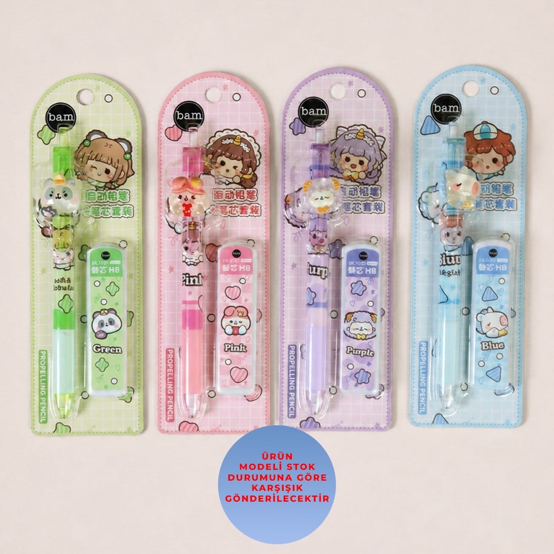 Pastel karakter figürlü uçlu kalem 0.7 ve uç set giftmodaBM-2553