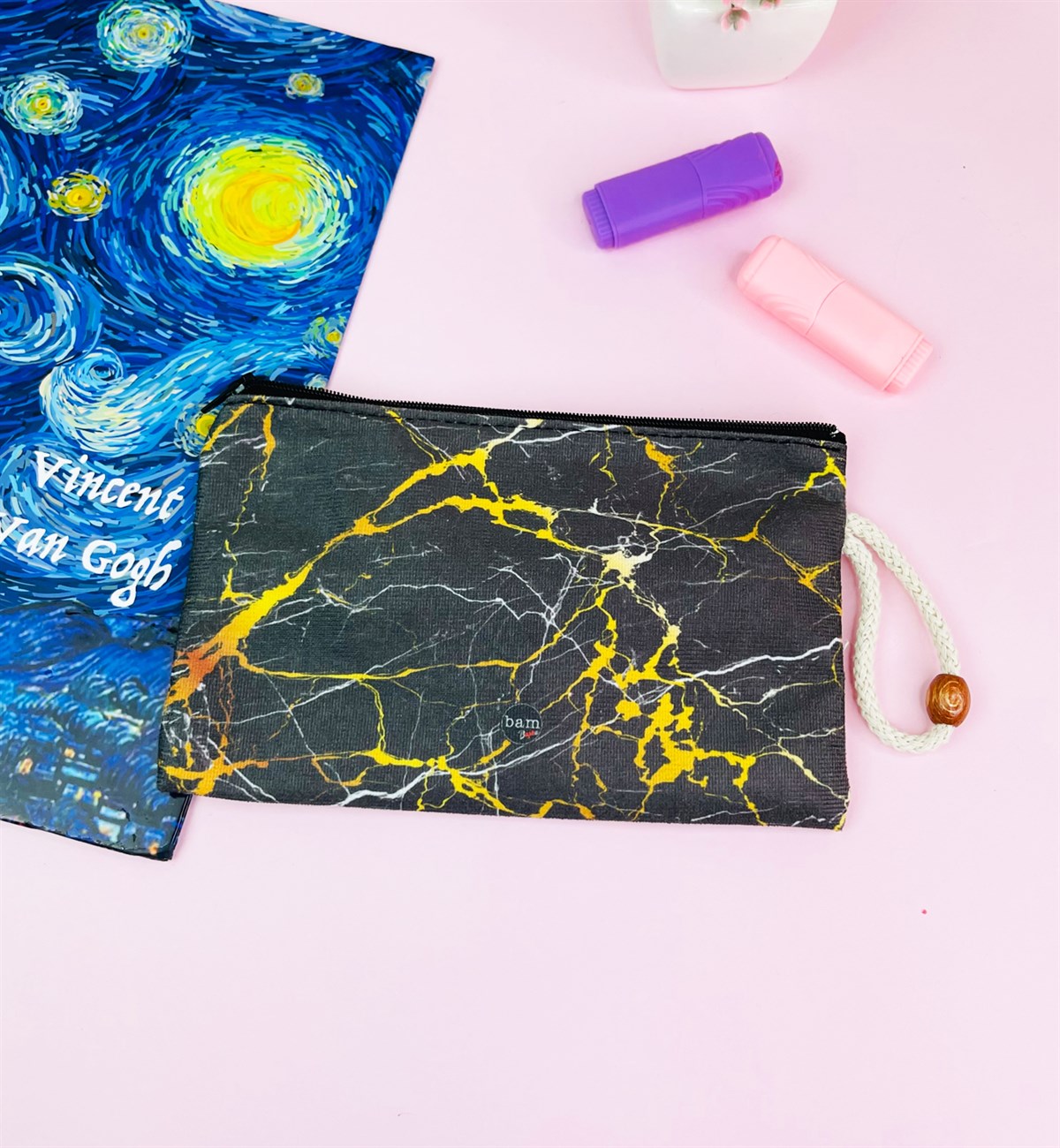 Altın Yaldızlı Siyah Mermer Tasarımlı Bez Kalemlik CüzdangiftmodaGmklm100055