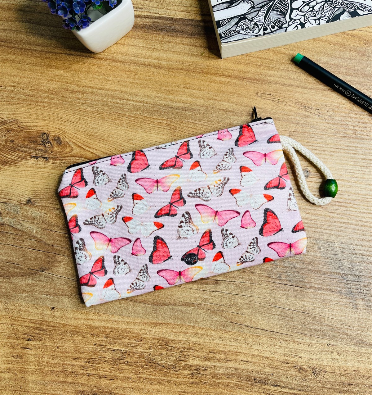 Pembe Kelebek Tasarımlı Bez Kalemlik CüzdangiftmodaGmklm100025