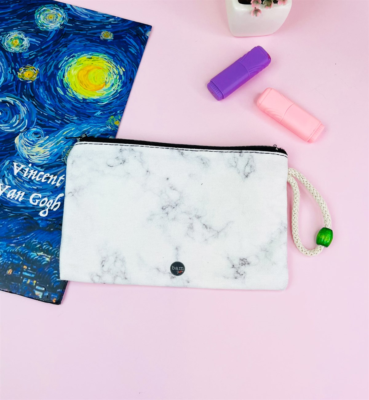 Beyaz Mermer Tasarımlı Bez Kalemlik CüzdangiftmodaGmklm100057