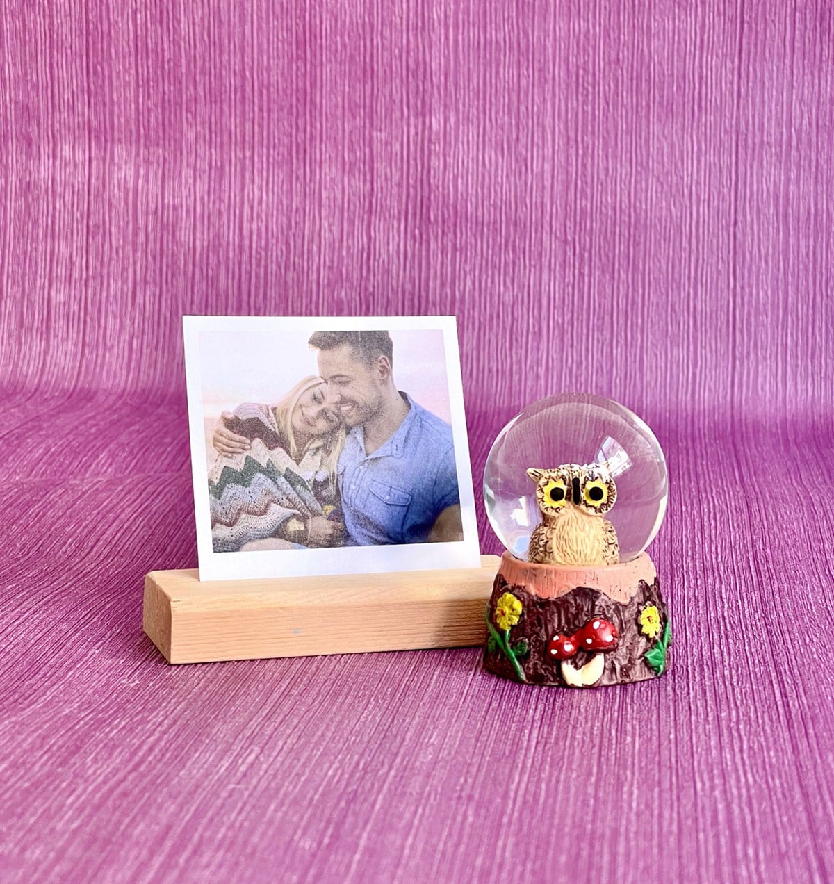 Kişiye Özel Fotoğraflı Baykuş Mini Kar Küresi ve Ahşap Fotoğraf TutucuGiftmodaGmhs101100