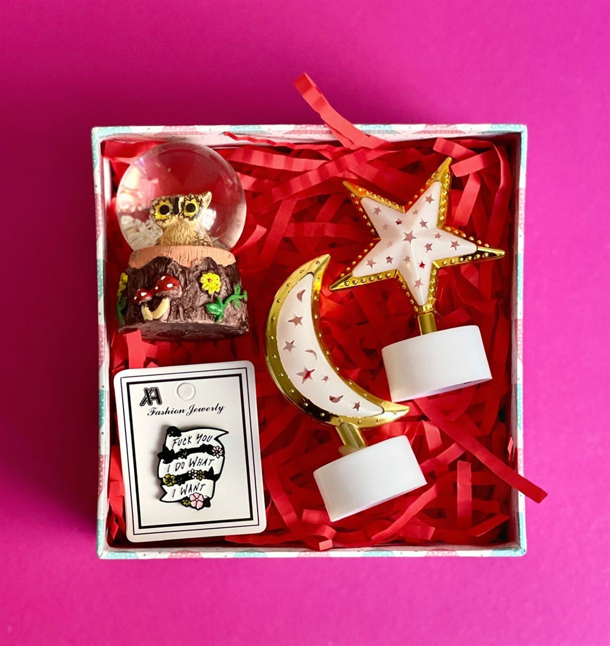 Baykuş Mini Kar Küresi Rozet ve Ay-Yıldız Lamba Mini Hediye SetiGiftmodaGmhs101112