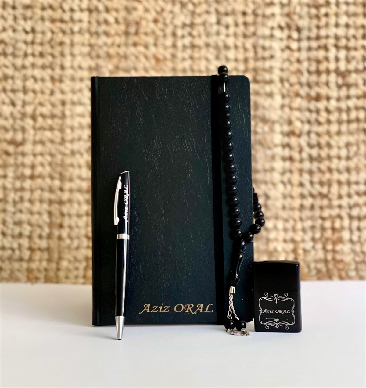 Kişiye Özel Siyah Deri Defter Benzinli Çakmak Siyah Tesbih ve Roller Tükenmez KalemGiftmodaGmhs101094