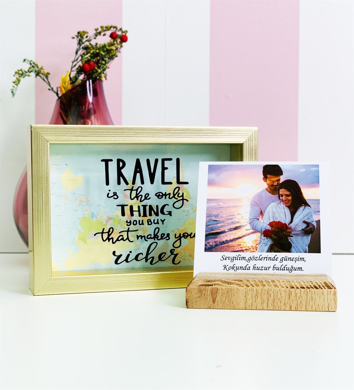 Kişiye Özel Ahşap Fotoğraf Tutucu Ve Travel Journel Kumbara  Giftmoda Gm-Set-107