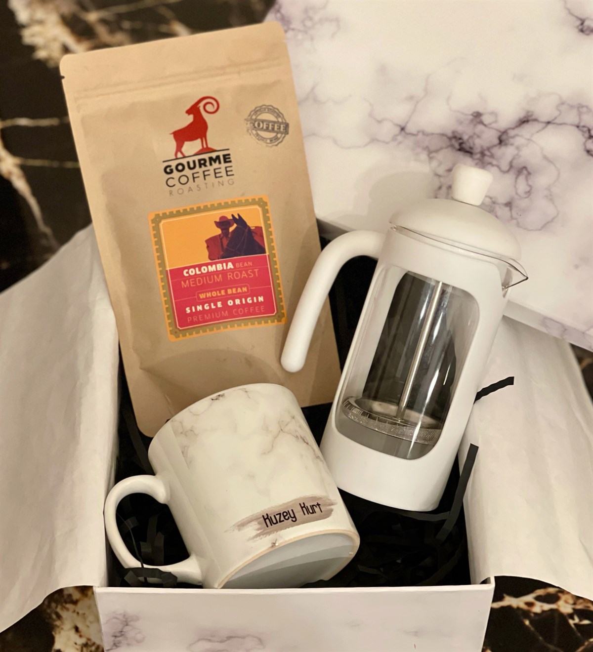 Kişiye Özel Beyaz Mermer French Press & Filitre Kahve Sevgiliye Hediye SetiGiftmodaGmhs100209