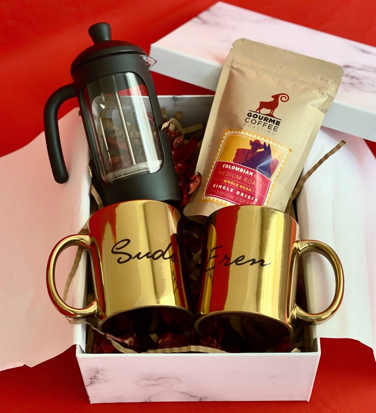 Kişiye Özel Çift Gold Kupa French Press & Filitre Kahve Sevgiliye Hediye SetiGiftmoda Gmhs100330