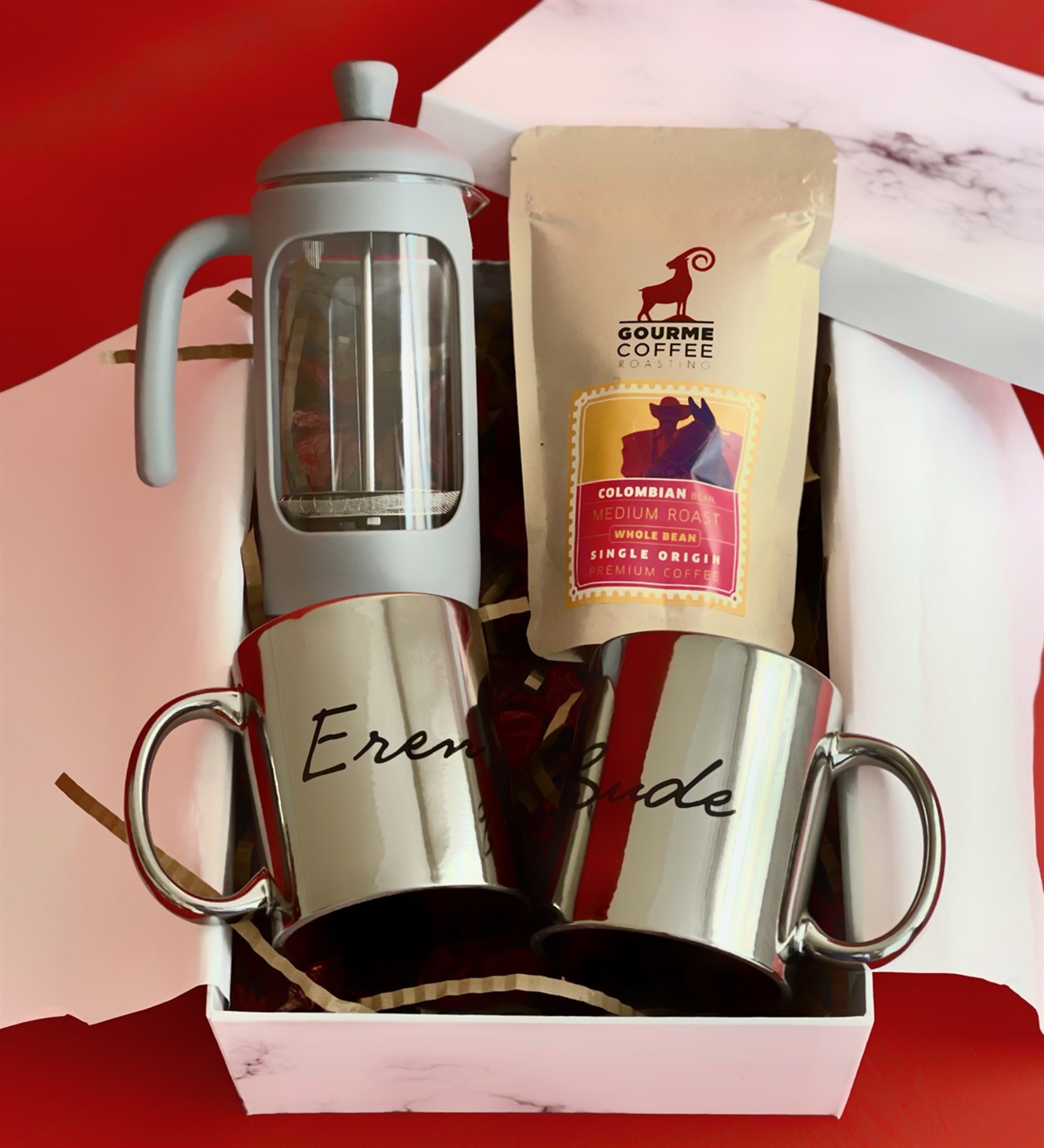 Kişiye Özel Çift Gümüş Kupa French Press & Filitre Kahve Sevgiliye Hediye SetiGiftmoda Gmhs100333