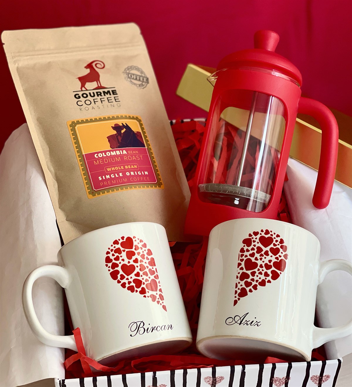 Kişiye Özel Çift Kalp French Press & Filtre Kahveli Sevgiliye Hediye SetiGiftmodaGmhs100174