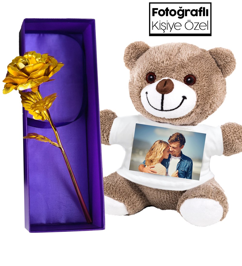 Kişiye Özel Fotoğraflı 24k Altın Kapla Gül Ve Sevimli Peluş AyıcıkGiftmodaaltın-gül-peluş-ayıcık