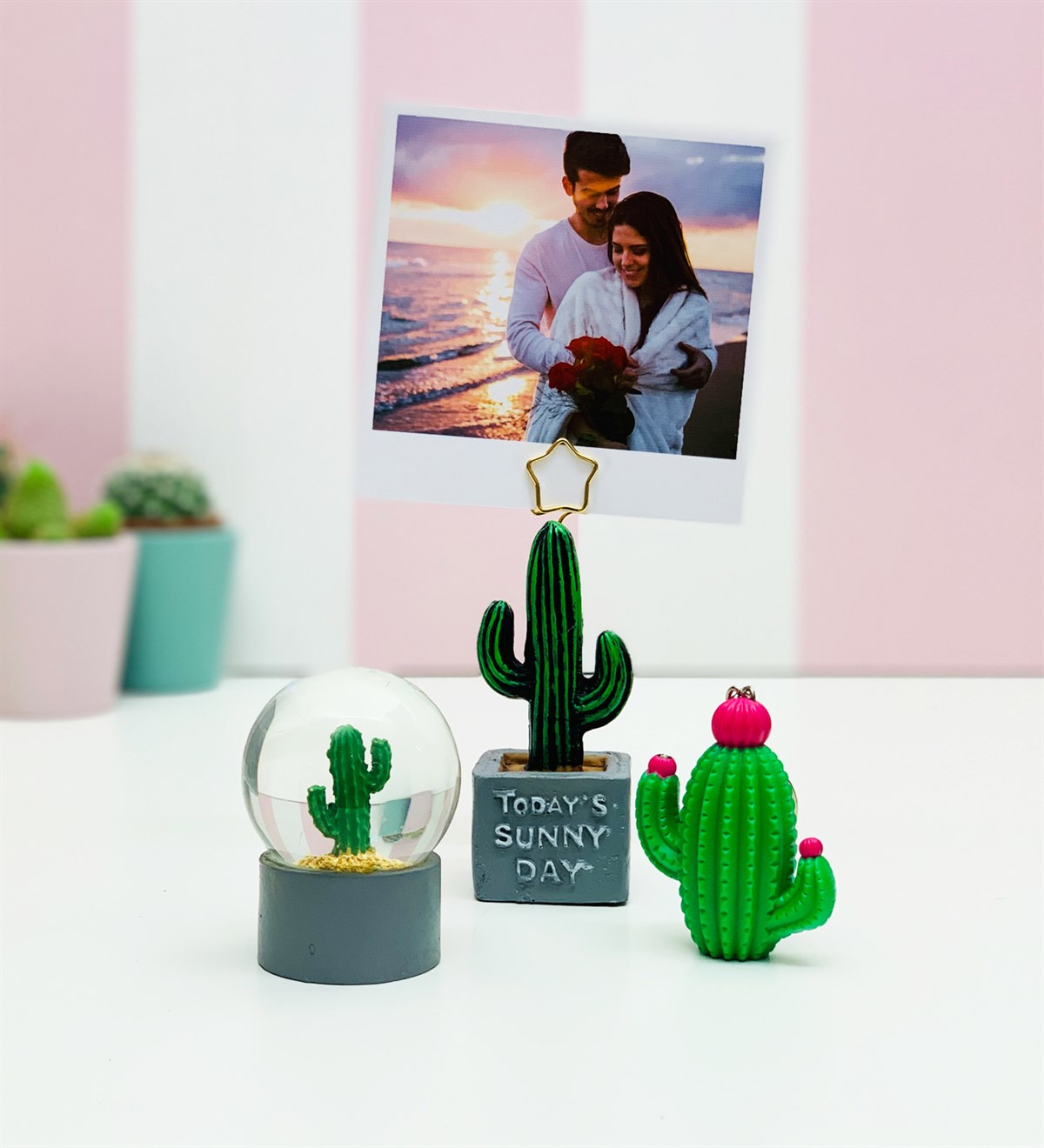 Kişiye Özel Kaktüs Not Tutucu Kar Kürsi Ve Işıklı Sesli AnahtarlıkGiftmoda Gm-Set-123