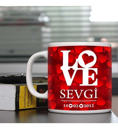 Kişiye Özel Kalpli Kırmızı Love Kupa Bardak