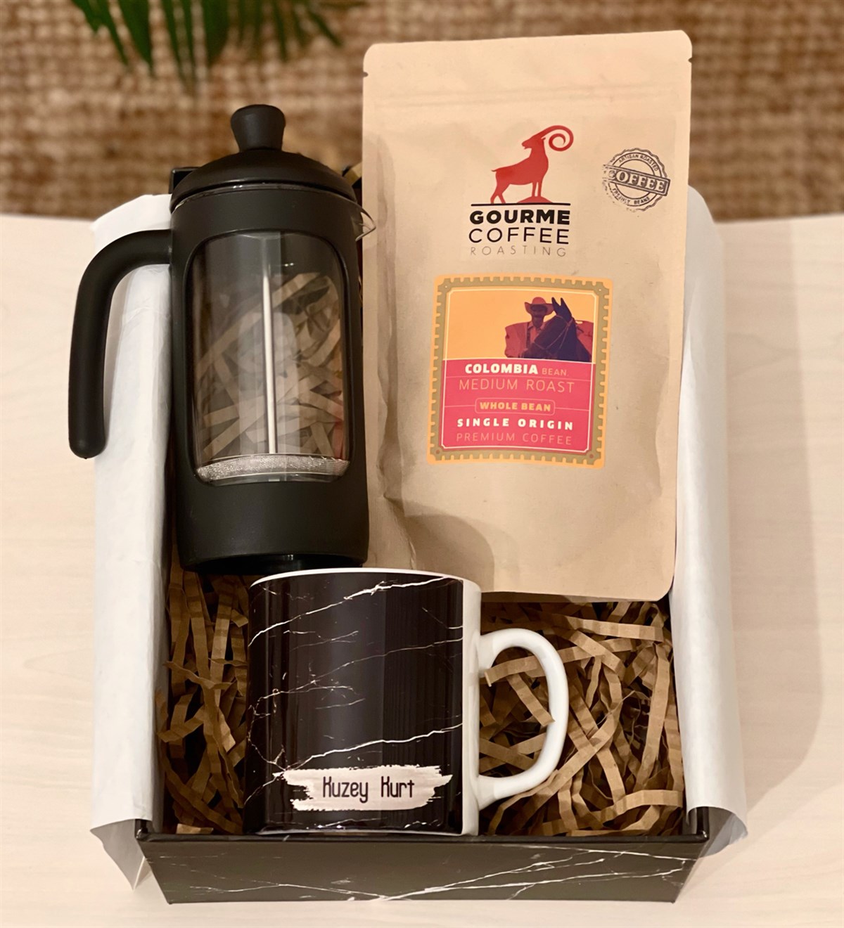 Kişiye Özel Siyah Mermer French Press & Filtre Kahveli Sevgiliye Hediye SetiGiftmodaGmhs100195