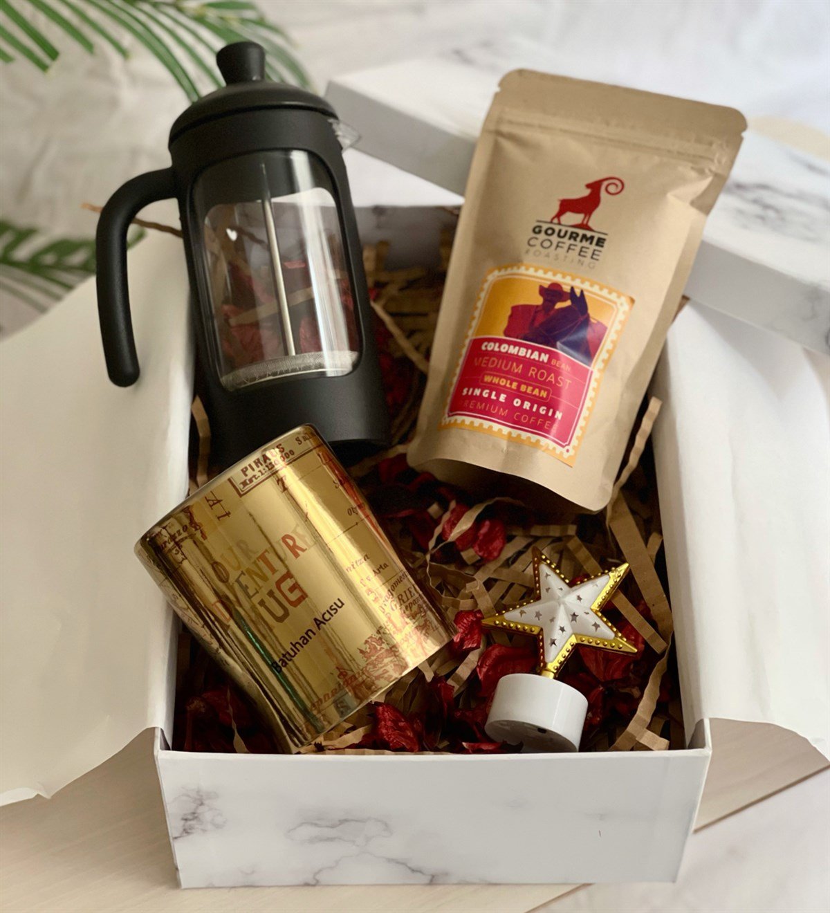 Kişiye Özel Travel Gold Kupa French Press & Filitre Kahve Sevgiliye Hediye SetiGiftmoda Gmhs100343