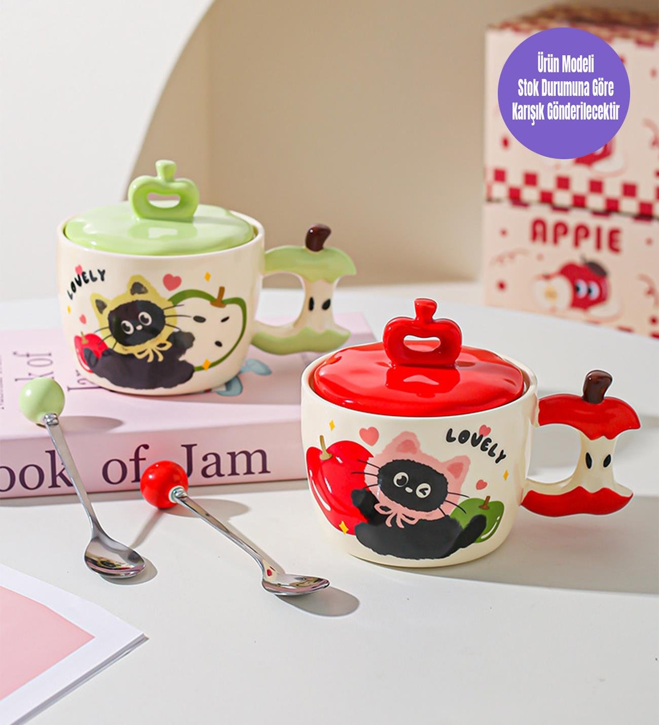 Sevimli Kedi Elma Temalı Seramik KupagiftmodaBM-1996