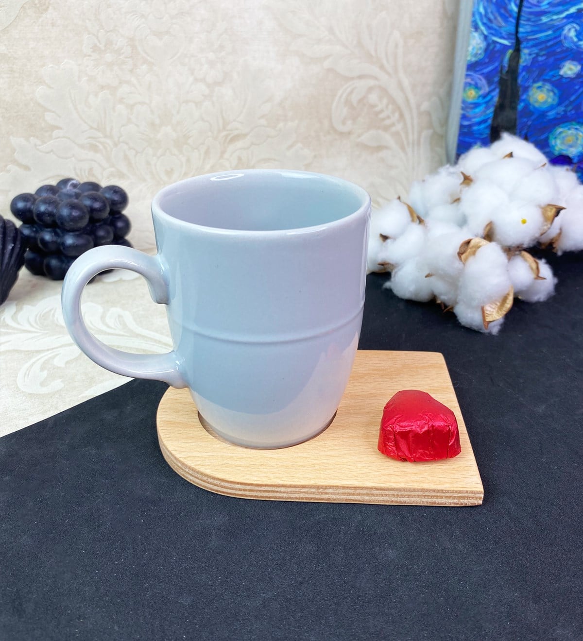 Ahşap Servis Tabaklı Gri Bulut Kupa SetgiftmodaGmkp100573