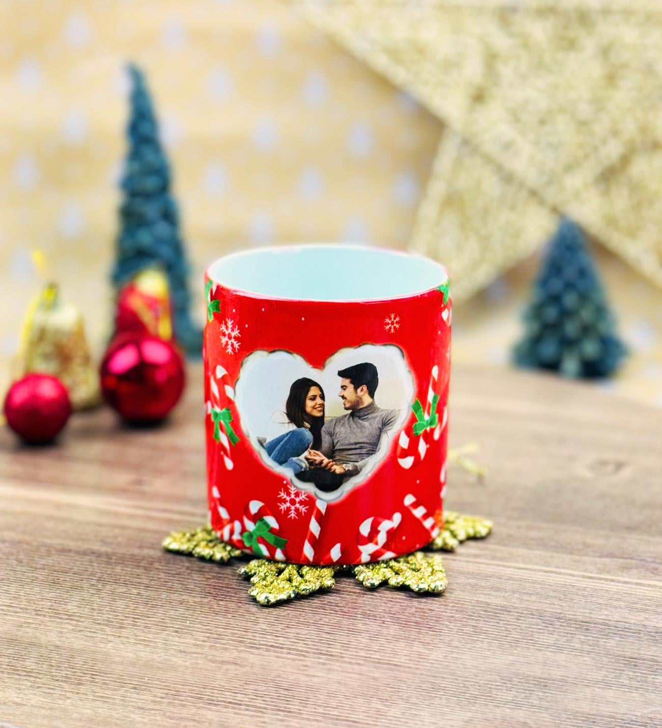 Kişiye Özel Fotoğraflı Kırmızı Yılbaşı Tasarımlı KupagiftmodaGmkp100375