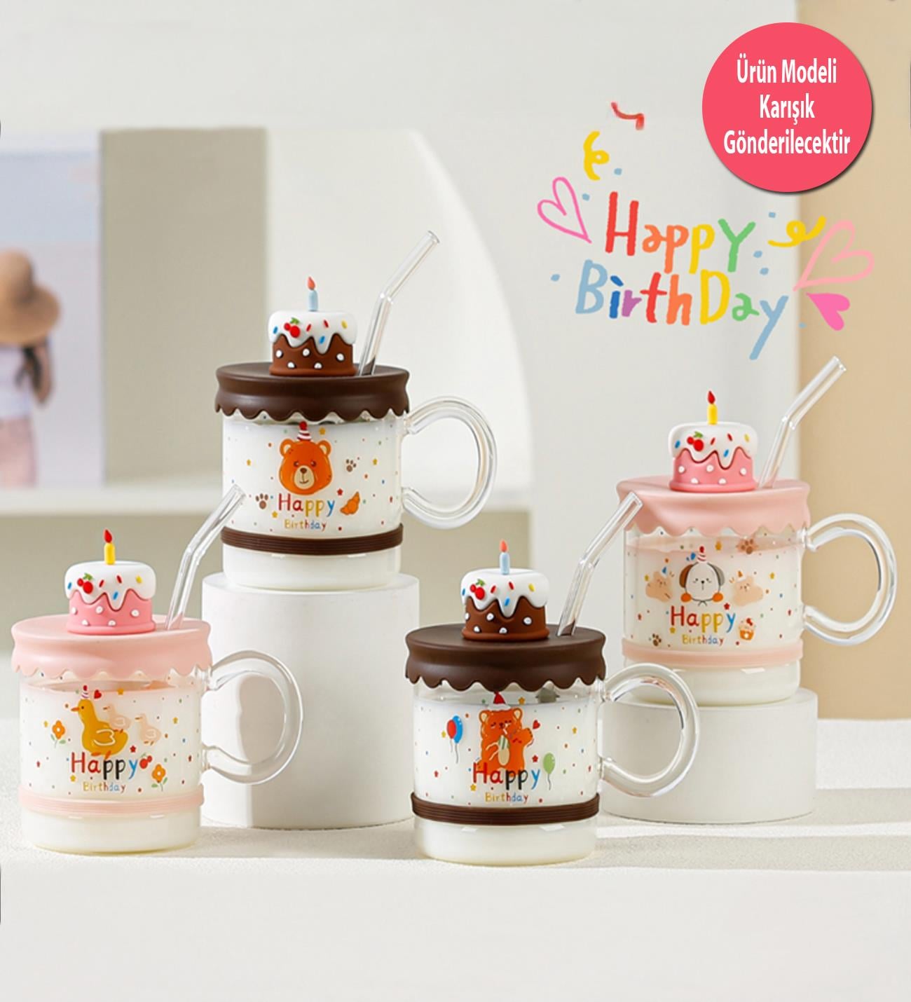 Happy Tasarımlı Silikon Kapaklı Pipetli Cam KupagiftmodaBM-1626 