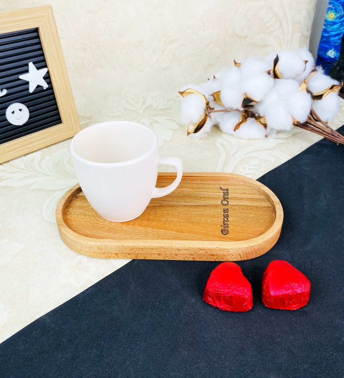 Kişiye Özel Ahşap Tabaklı Türk Kahvesi Fincanı SetgiftmodaGmkp100587