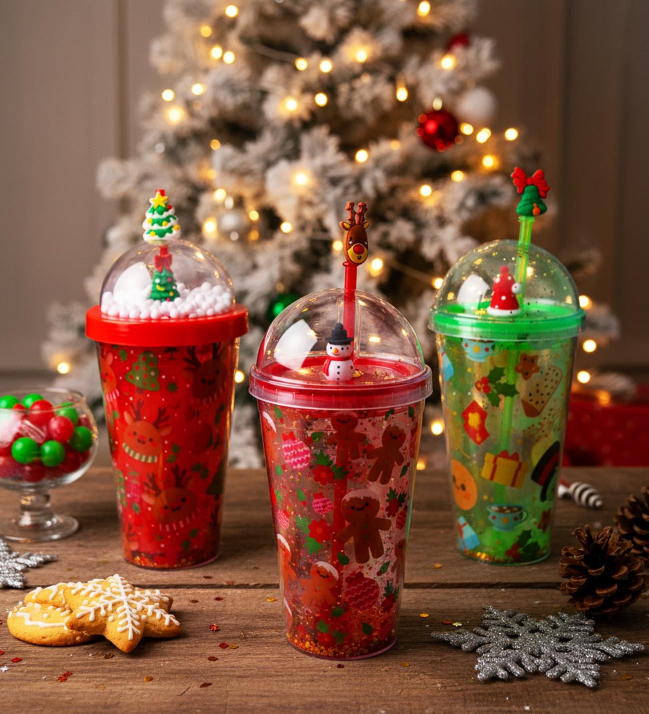 Yılbaşı Temalı Kar Küresi Kapaklı Işıltılı Pipetli BardakgiftmodaBM-2033	