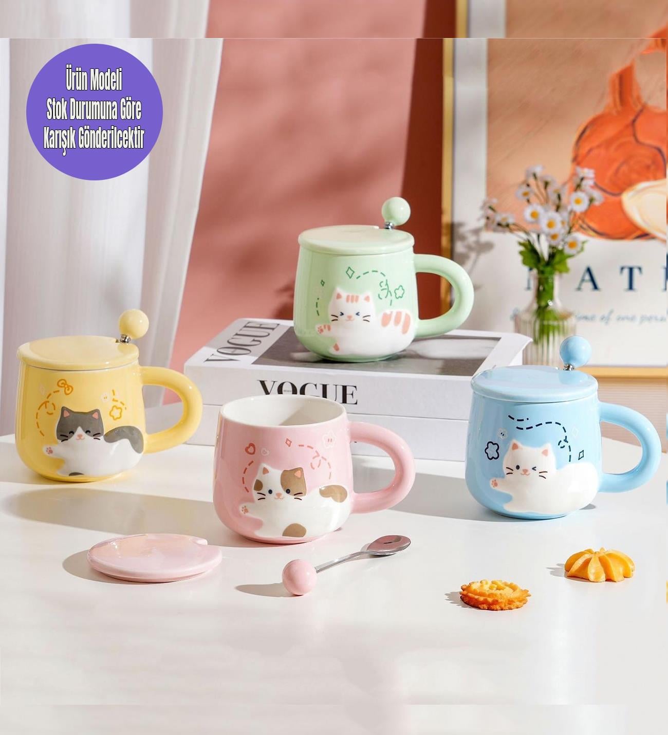 Pastel Renkli Sevimli Kedi Seramik KupagiftmodaBM-1464